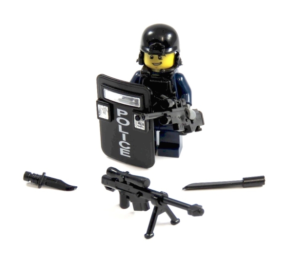 Polizist aus LEGO® Teilen und Custom Zubehör Waffe Weste Schild Police mit Lampen