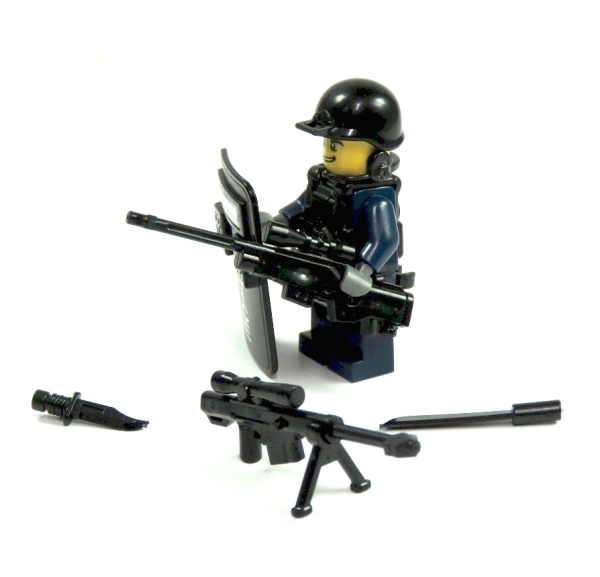 Polizist aus LEGO® Teilen und Custom Zubehör Waffe Weste Schild Police mit Lampen