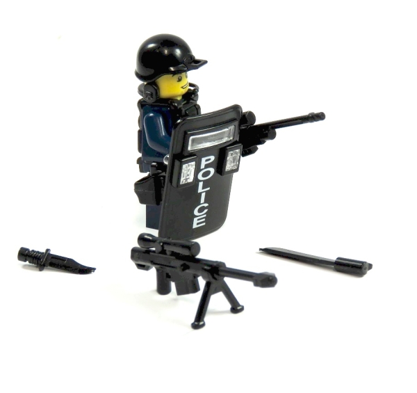 Polizist aus LEGO® Teilen und Custom Zubehör Waffe Weste Schild Police mit Lampen