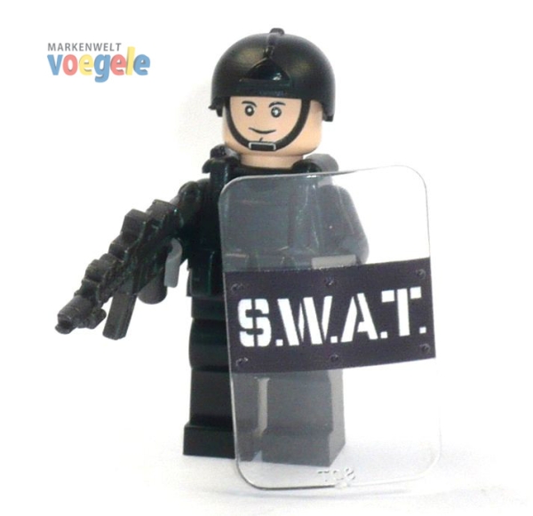 Polizei Figur SWAT Spezialeinheit aus LEGO® Teilen mit Custom Waffen und Zubehör mit bedrucktem Kopf